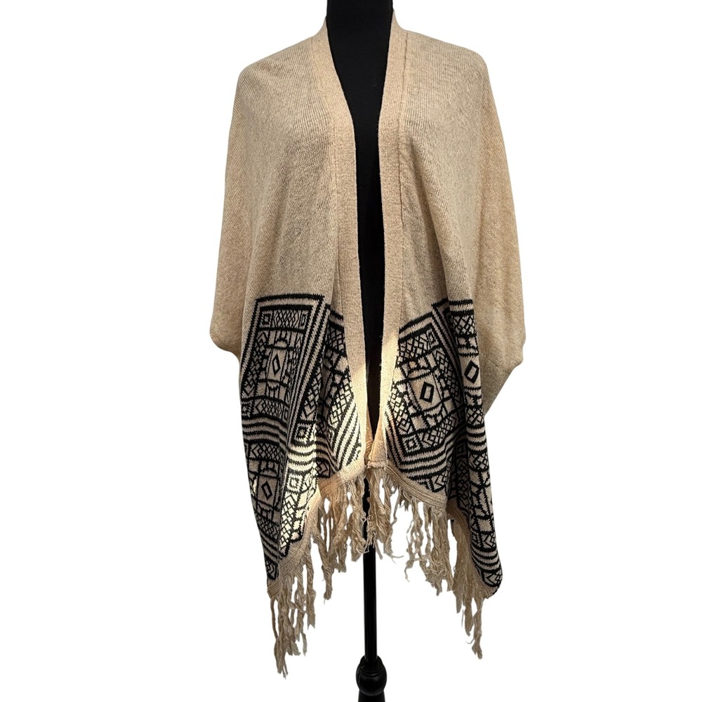 Carol Rose Asymmetric Aztec Fringed Open Cardigan L Boho‎ Office Fall Minimalist